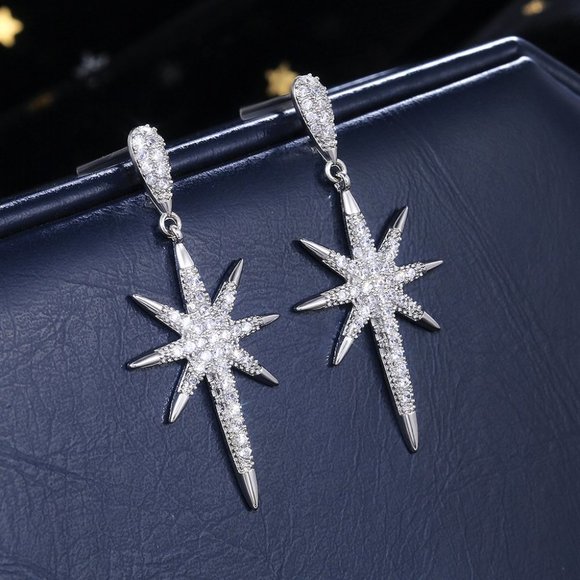 NEW Silver Diamond North Star Drop Earrings - Picture 6 of 9